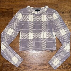 Love Tree Purple White Plaid Acrylic Blend Long Sleeve Preppy Crop Top Size M